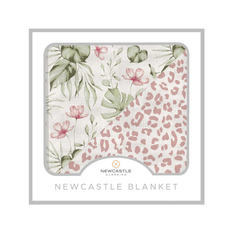 Silver Pink Orchid and Little Leopard blanket made of 100% natural bamboo muslin, featuring a floral and leopard pattern, size 47" x 47".