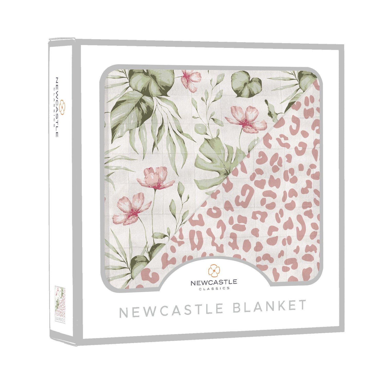 Soft Silver Pink Orchid & Leopard print Newcastle baby blanket, folded, showing pattern.
