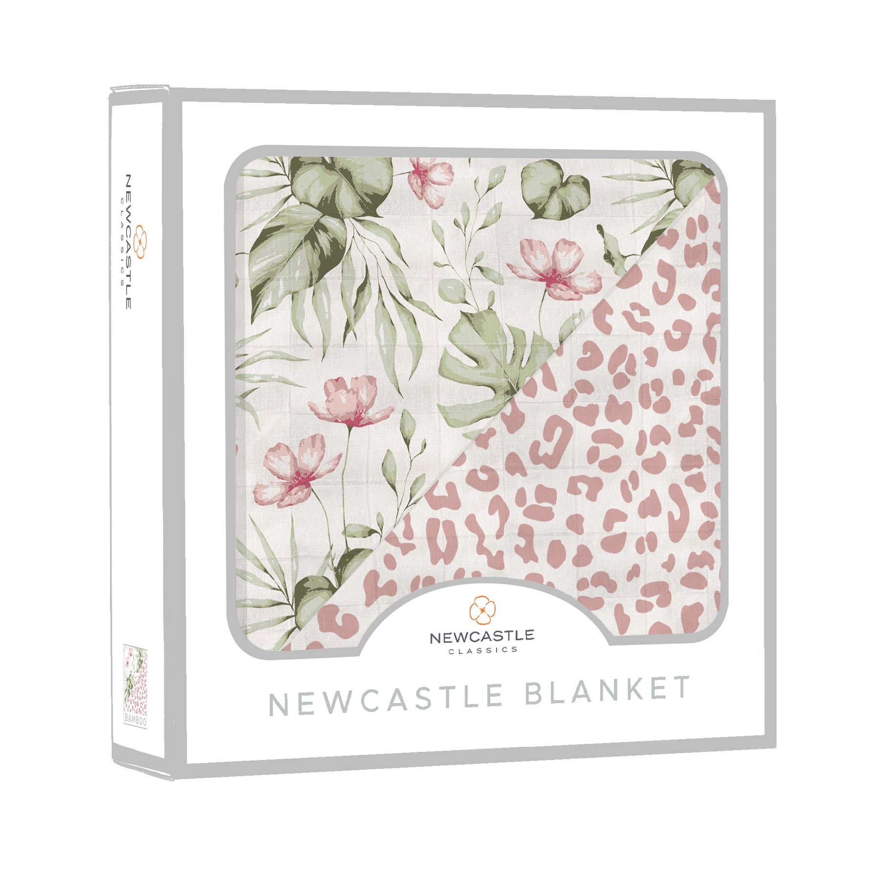 Soft Silver Pink Orchid & Leopard print Newcastle baby blanket, folded, showing pattern.