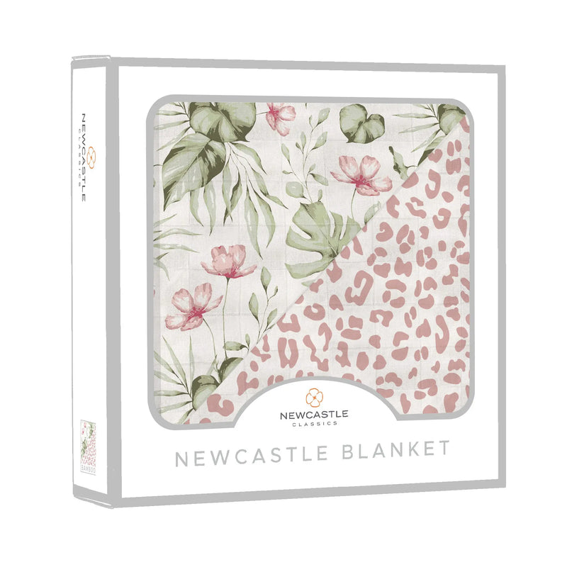 Silver Pink Orchid and Little Leopard Newcastle blanket made of 100% natural bamboo muslin.