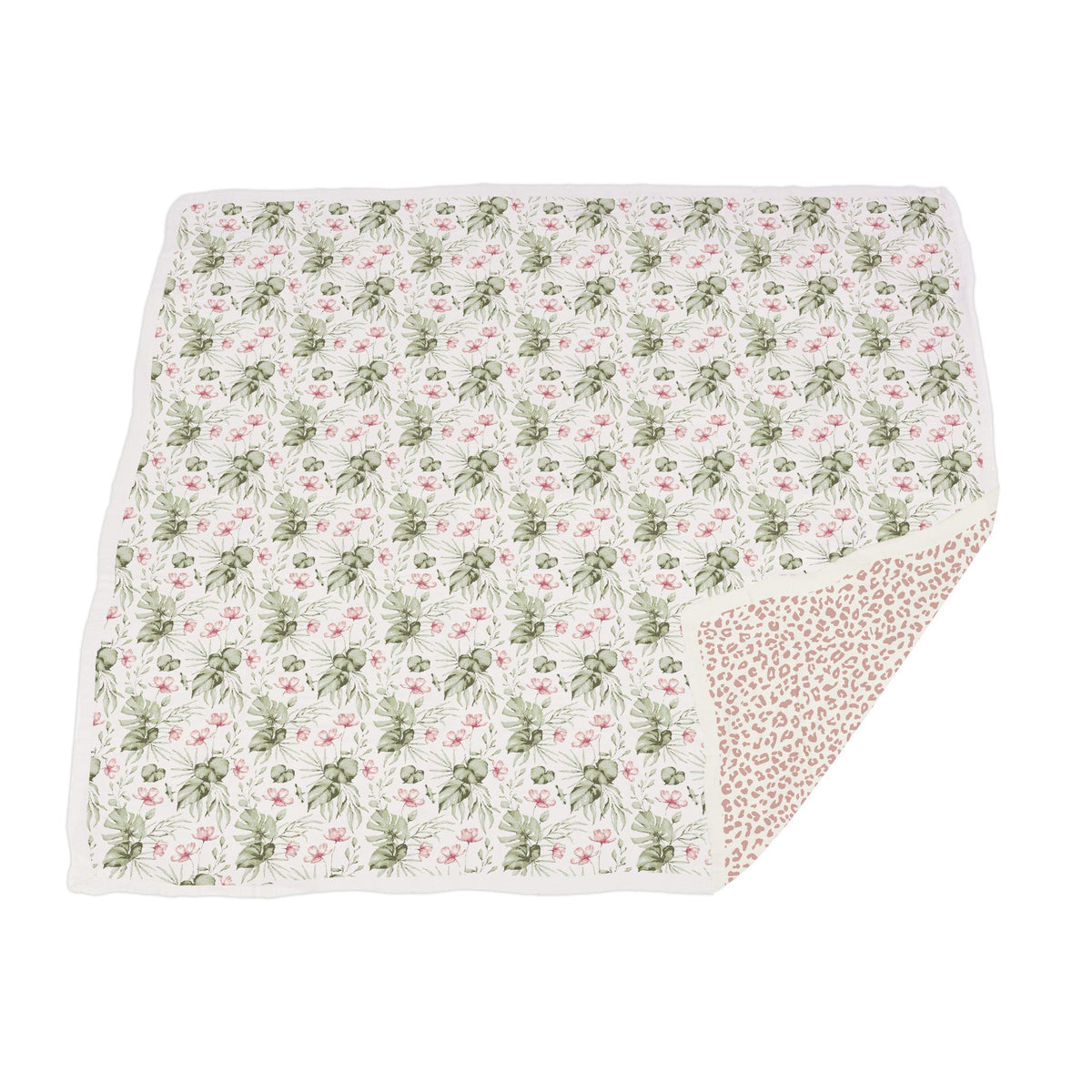 Soft Silver Pink Orchid & Leopard print Newcastle baby blanket, folded, showing pattern.