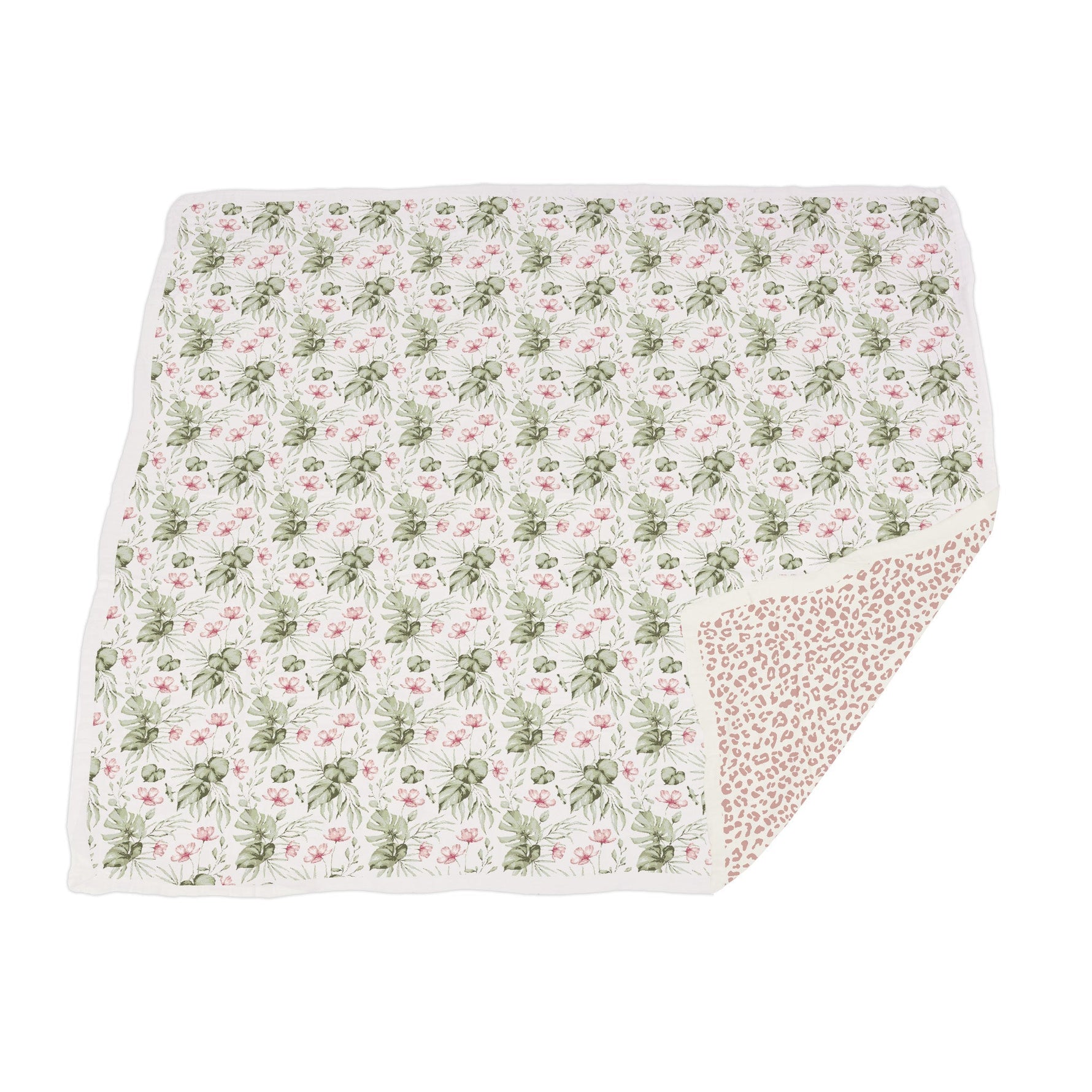 Soft Silver Pink Orchid & Leopard print Newcastle baby blanket, folded, showing pattern.