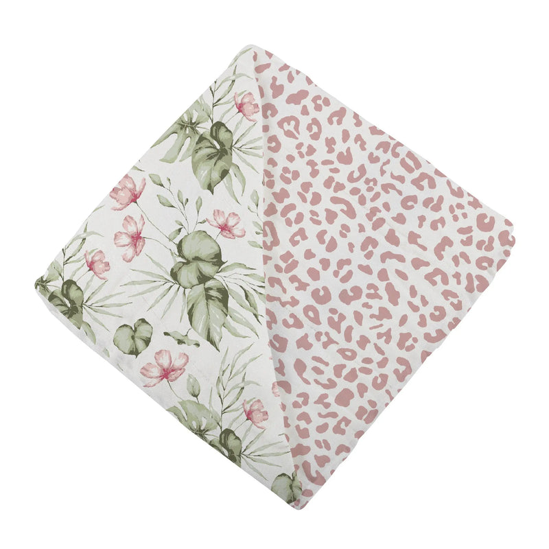 Silver Pink Orchid and Little Leopard Newcastle Blanket made from 100% natural bamboo muslin.