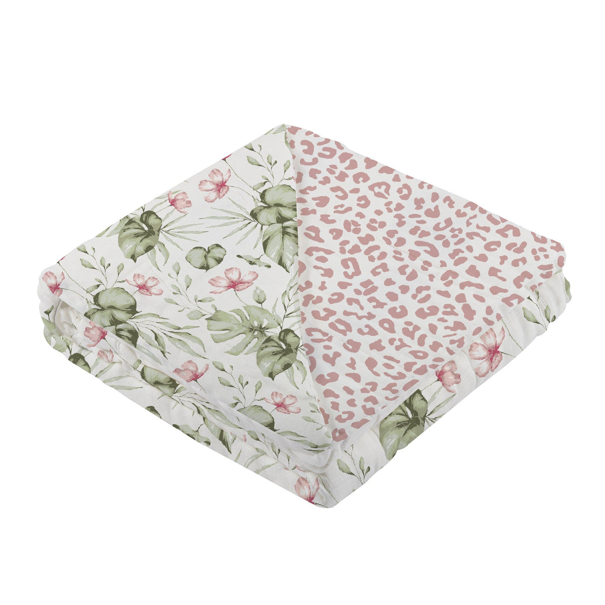 Soft Silver Pink Orchid & Leopard print Newcastle baby blanket, folded, showing pattern.