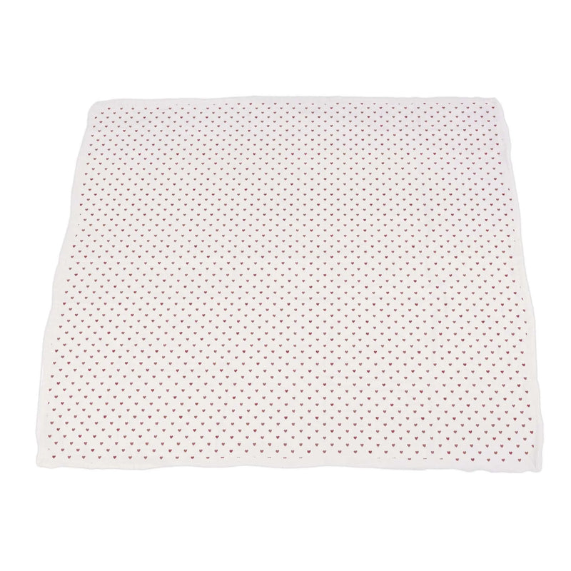 Two Hearts and Sweetheart Cherry Newcastle bamboo muslin blanket with red heart pattern.