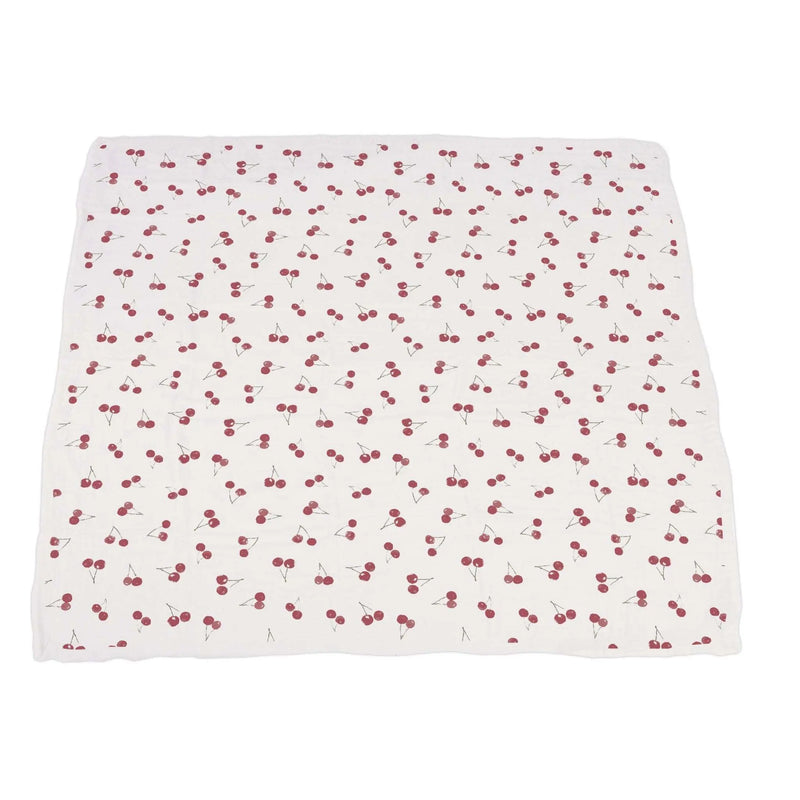 Two Hearts and Sweetheart Cherry bamboo muslin blanket with red cherry pattern.