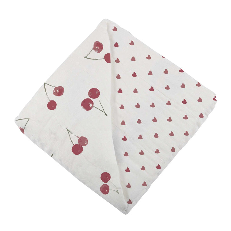 Two Hearts and Sweetheart Cherry Newcastle Blanket in natural bamboo muslin fabric.