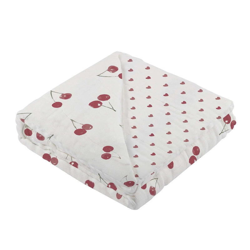 Two Hearts and Sweetheart Cherry Newcastle Blanket made of 100% natural bamboo muslin with cherry and heart designs.