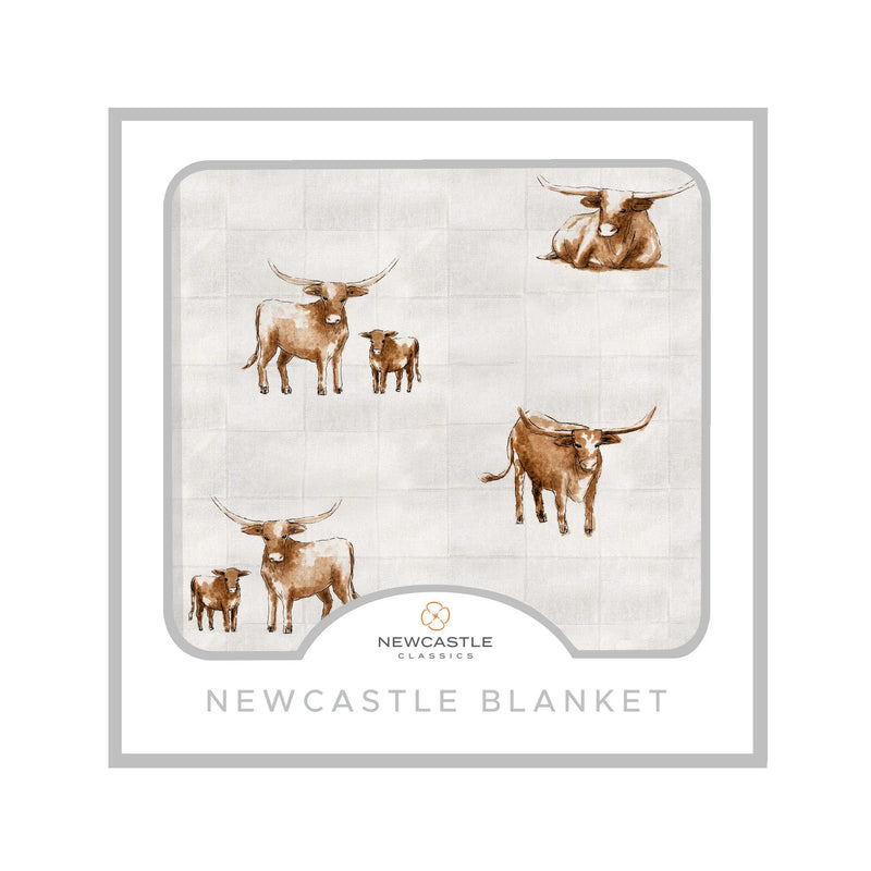 Longhorn Bamboo Newcastle Blanket with natural bamboo muslin, 47" x 47", featuring illustrated longhorn design.