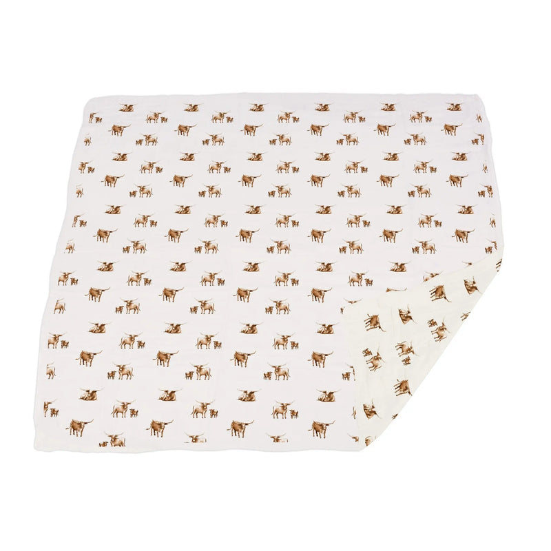 Longhorn Bamboo Newcastle Blanket in natural bamboo muslin with a warm, cozy design, 47" x 47".