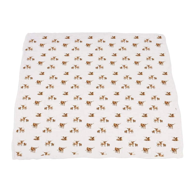 Longhorn Bamboo Newcastle Blanket, 100% natural bamboo muslin, 47x47 inches, cozy and breathable.