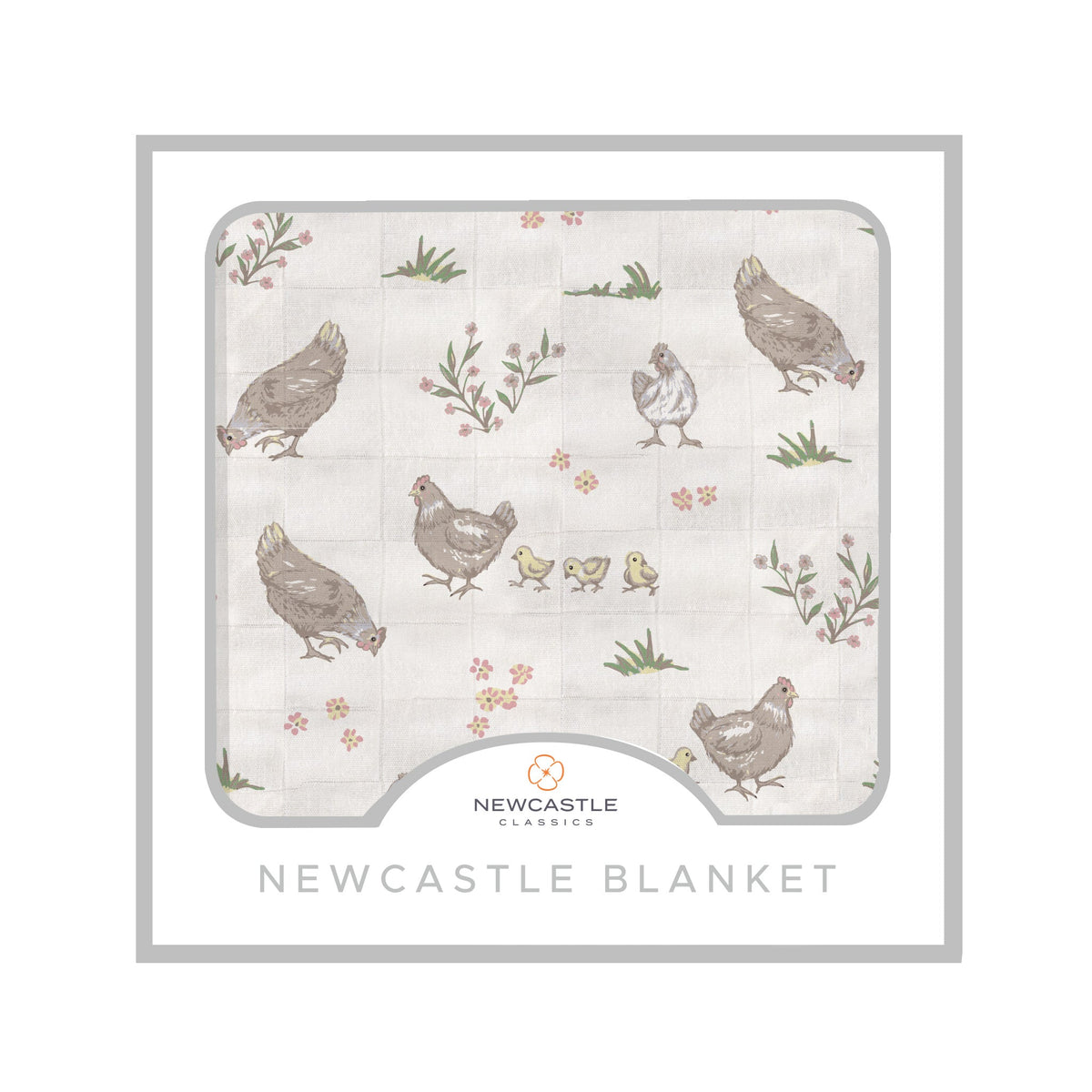 Baby blanket in bamboo muslin with a farm chicken print spread out flat