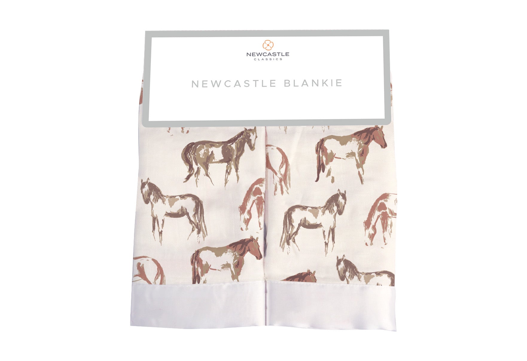 Small square bamboo muslin security blanket with a wild horse print in sorrel brown tones.
