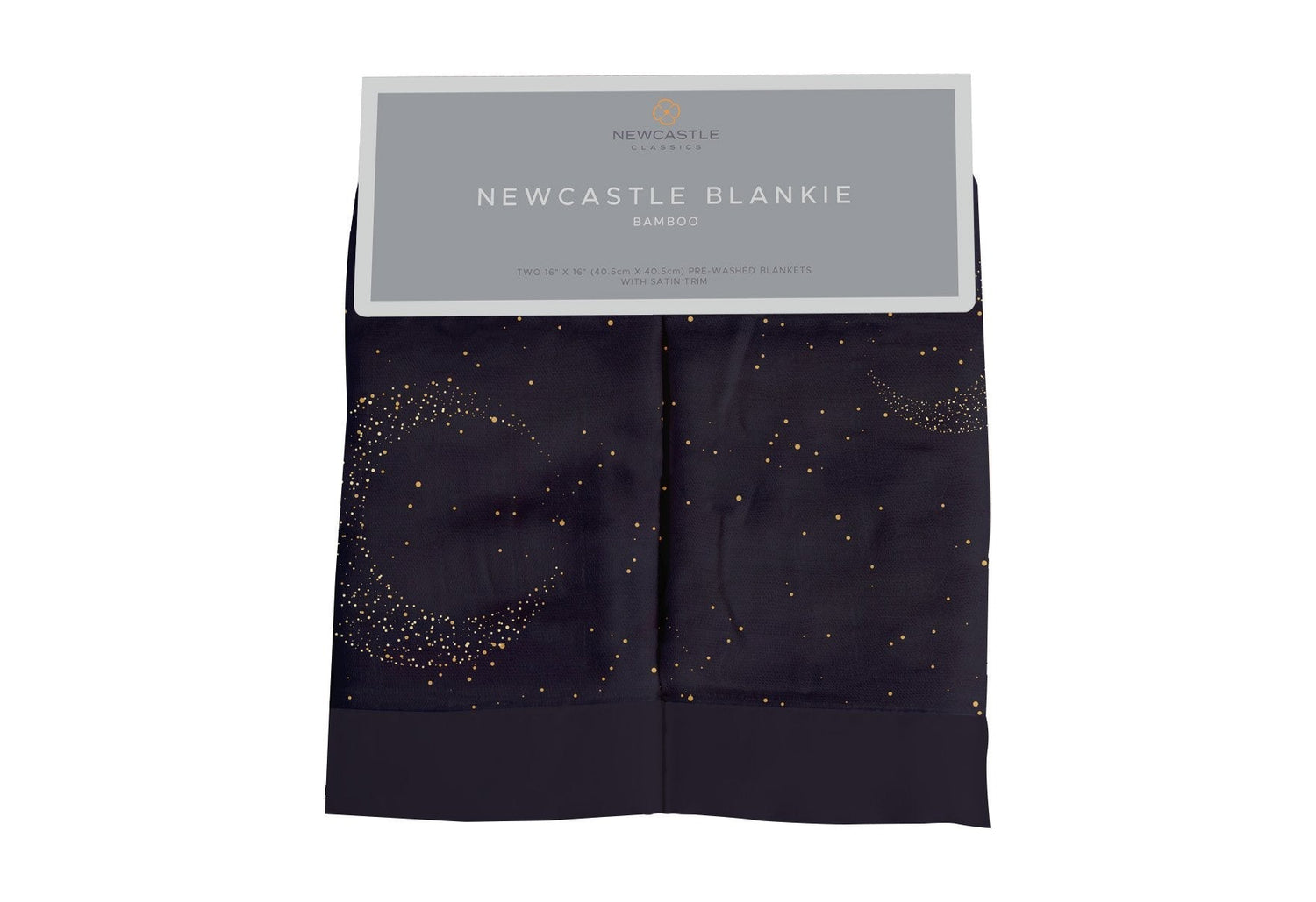 Square bamboo muslin security blankie with a Midnight Moon print on a light background