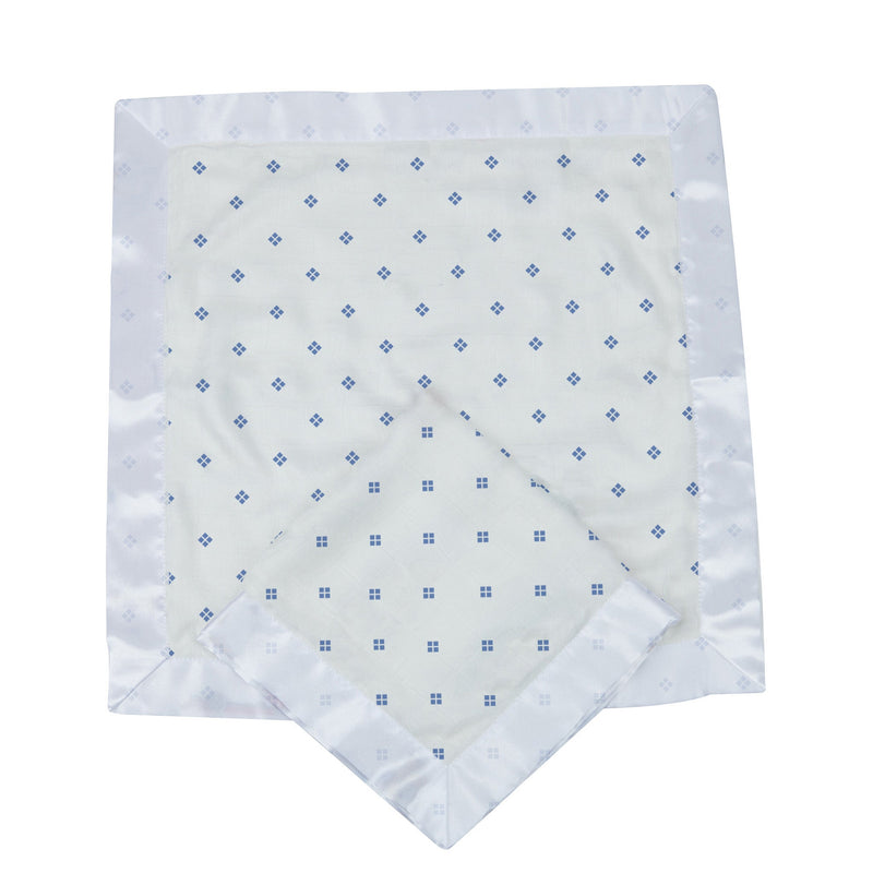 Periwinkle diamond polka dot bamboo security blanket, 16x16 inches.