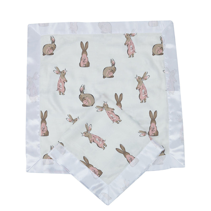 Powder pink bunnies bamboo Newcastle blankie with satin trim, 16x16 inches.