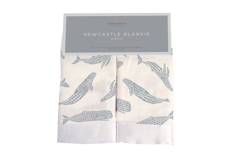 Blue Shadow Whales Bamboo Newcastle Blankie with whale pattern, made of 100% natural bamboo muslin.