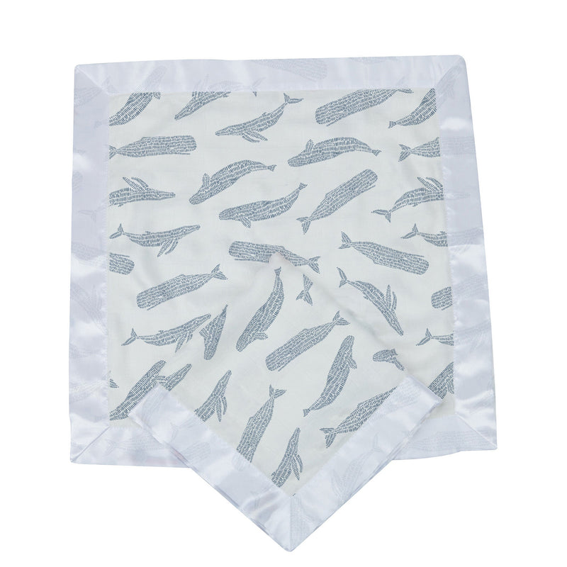 Blue Shadow Whales bamboo security blankie with whale pattern design.