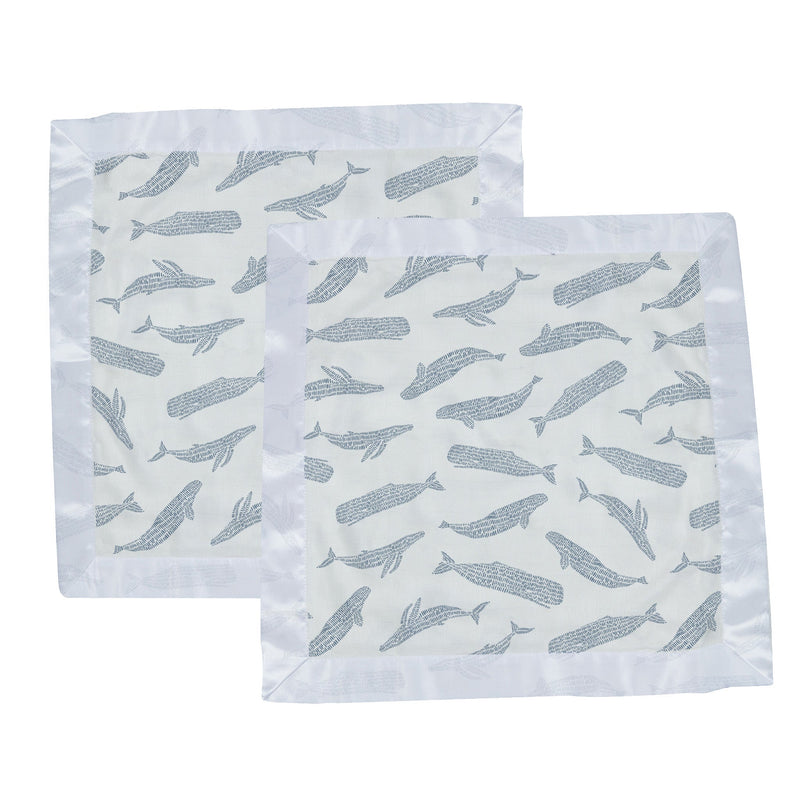 Blue Shadow Whales bamboo blanket with whale pattern, 16x16 inches.