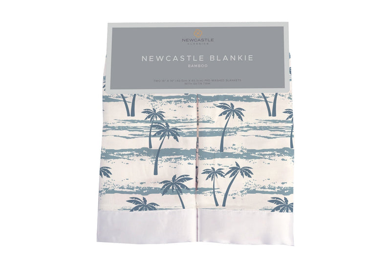 Ocean Palm Trees Bamboo Newcastle Blankie with blue palm tree pattern, 100% natural bamboo muslin, size 16x16 inches.