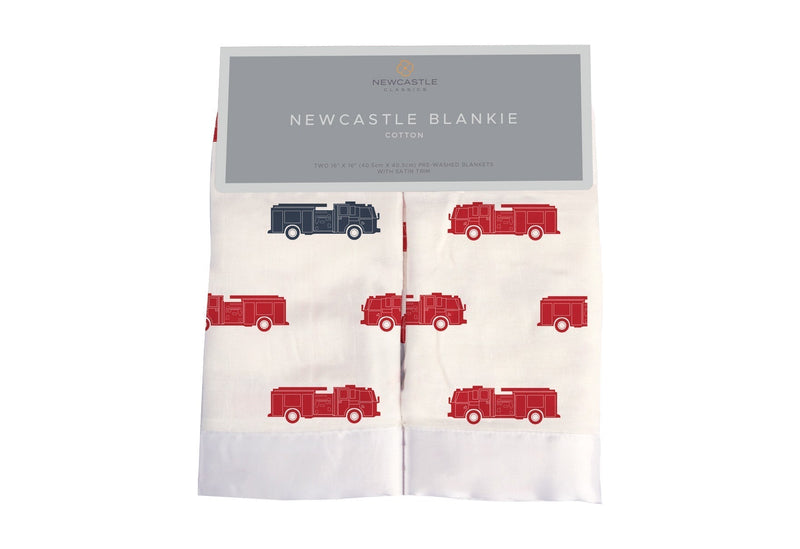 Blue and red fire truck design on Newcastle blankie, 100% natural cotton muslin.