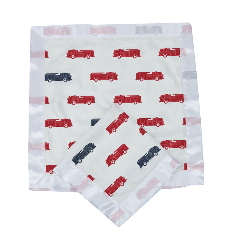 Blue and red fire trucks design on Newcastle security blanket made of cotton muslin, 16x16 inches.