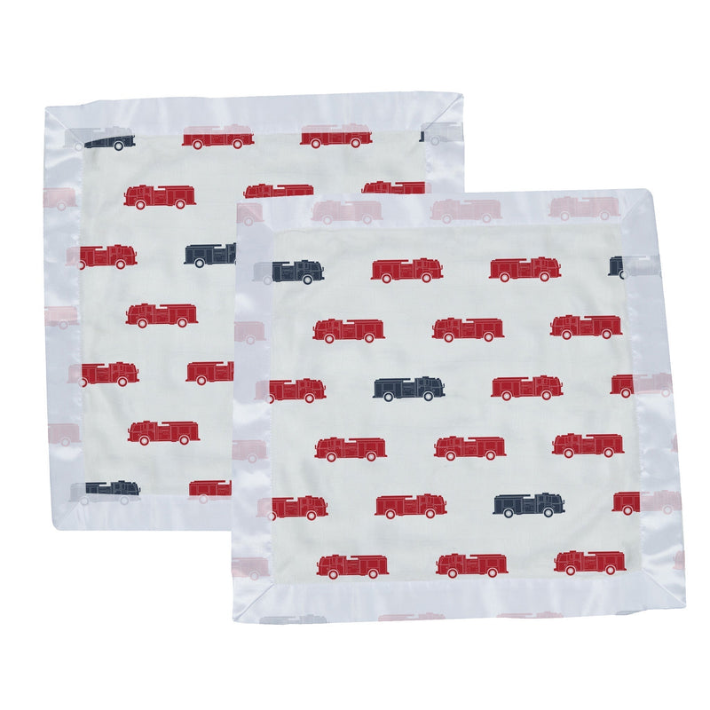 Blue and red fire trucks patterned security blanket set, 16x16 inches, 100% natural cotton muslin.