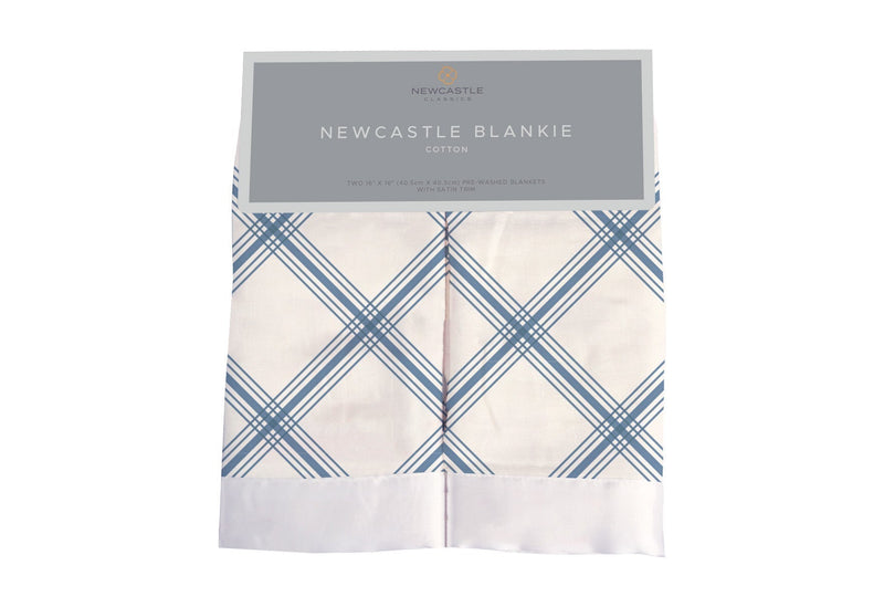 Blue Buffalo Check Plaid Newcastle Blankie in cotton muslin, 16"x16".