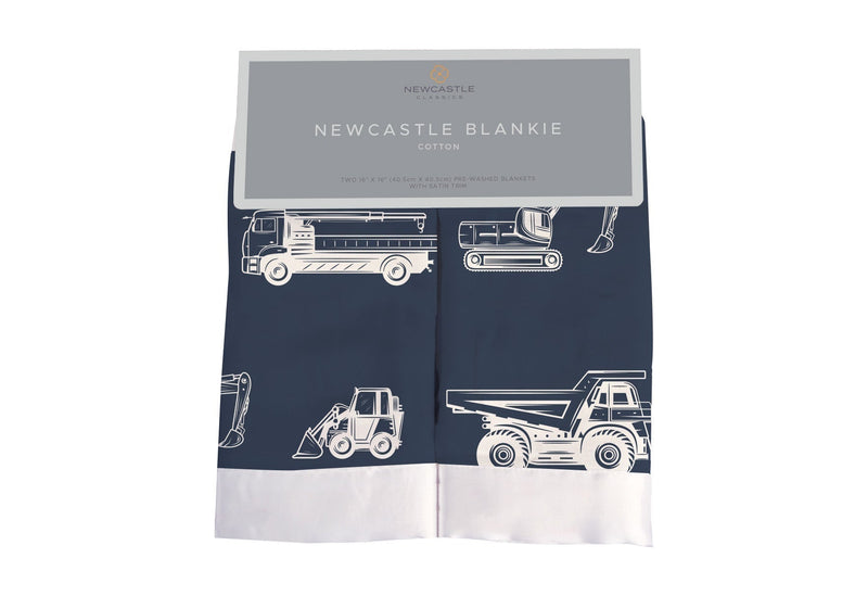 Newcastle Blankie featuring construction vehicle design on 100% natural cotton muslin, size 16"x16".