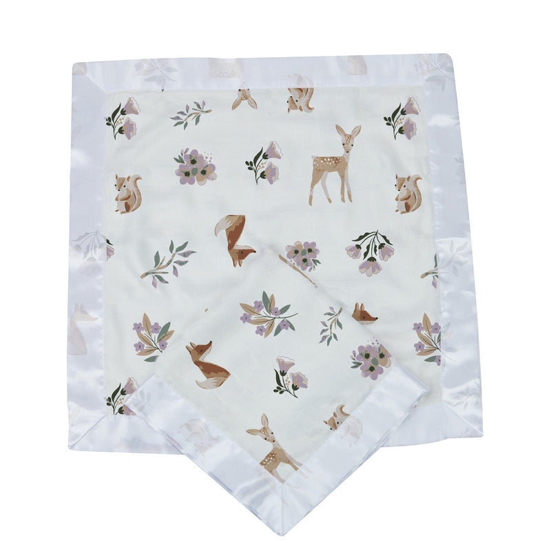 Sierra Fox and Deer Cotton Muslin Security Baby Blankie with animal and floral print, 16x16 inches.