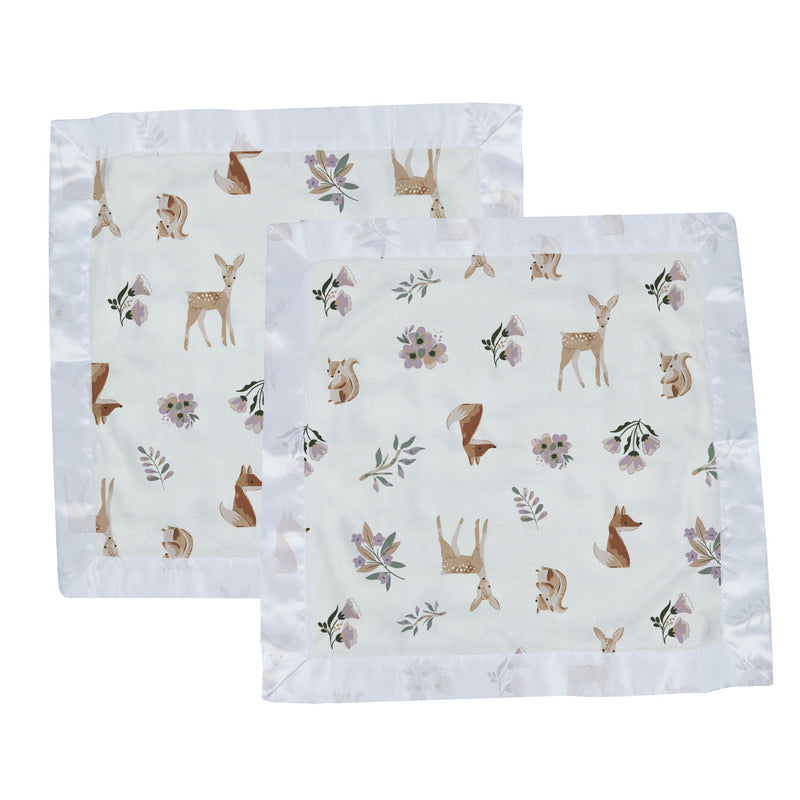 Sierra Fox and Deer Cotton Muslin Security Baby Blankie, 16x16 inches, 100% natural cotton with animal and floral design.