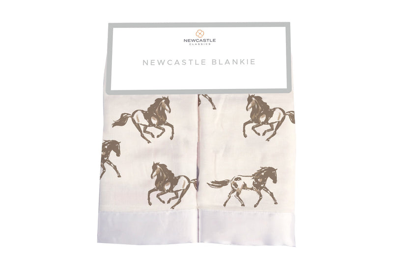 Galloping Horses Newcastle Blankie with horse design, 16x16 inches, bamboo muslin.