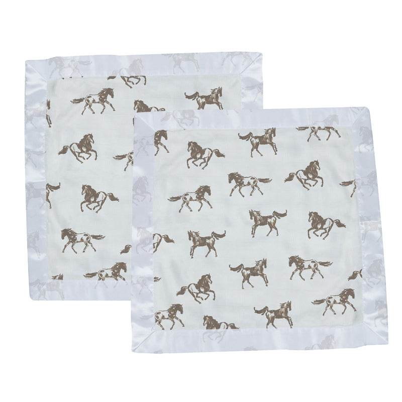 Galloping Horses Newcastle Blankie, 100% natural bamboo muslin, 16" x 16", with horse print design.