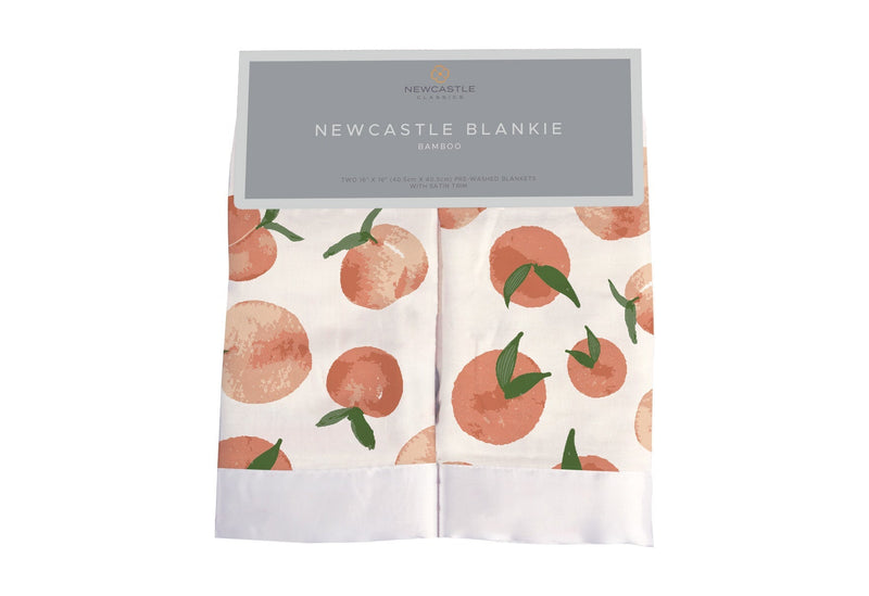 Newcastle Blankie with carnelian peaches design, made from 100% natural bamboo muslin, 16" x 16".