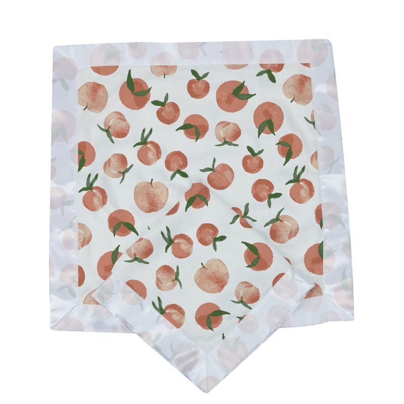 Carnelian Peaches Newcastle Blankie with peach pattern, 16x16 inches, natural bamboo muslin.