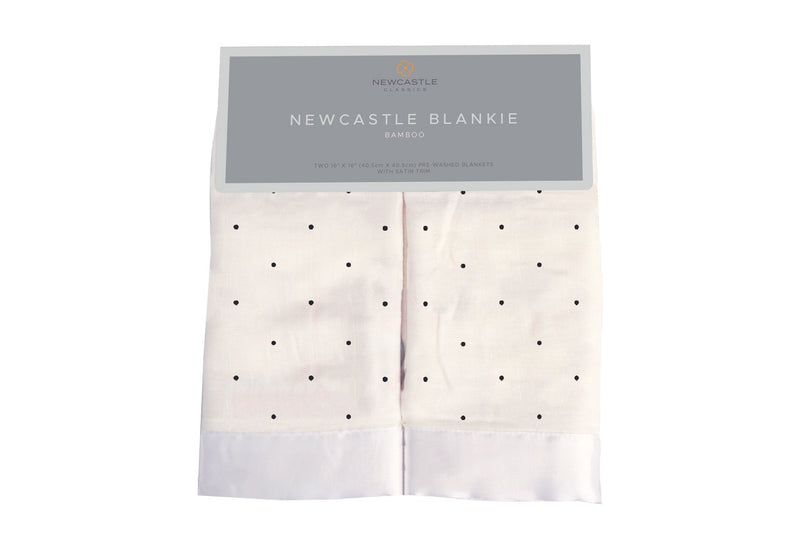 Black and white polka dot bamboo security blanket, 16" x 16".