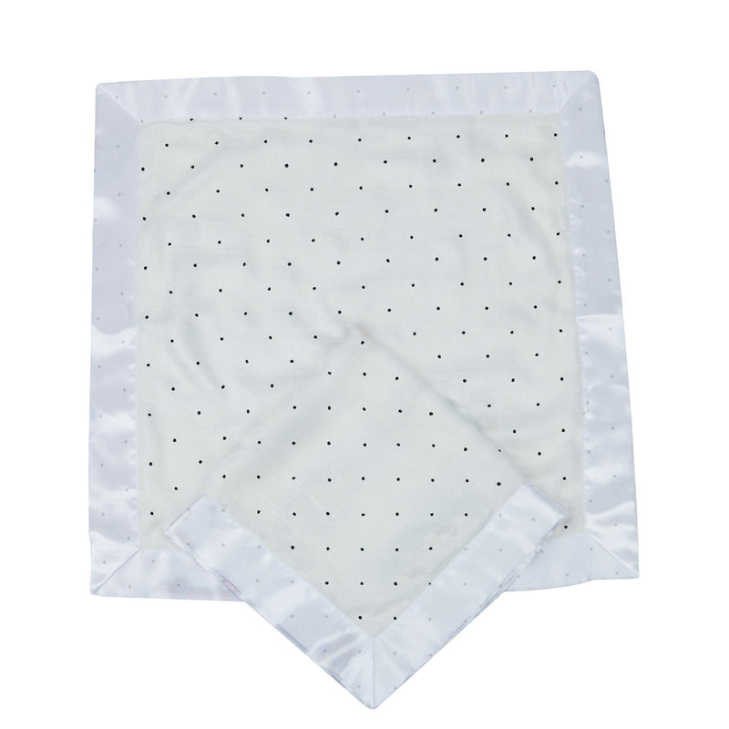 Black and white polka dot bamboo security blanket, 16"x16", with soft satin trim.