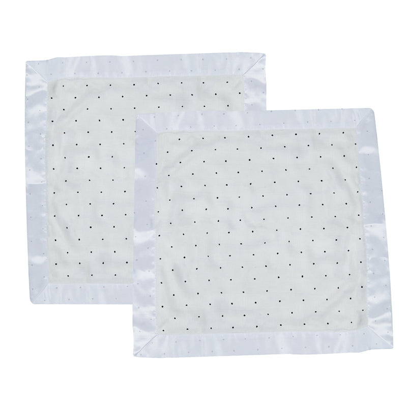 Black and white polka dot bamboo security blanket, size 16" x 16".