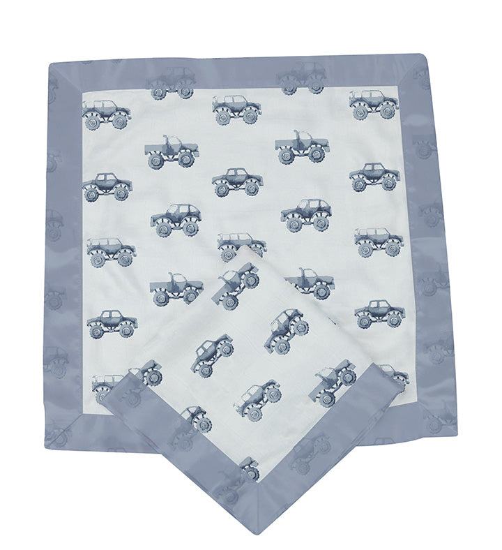 Indigo monster trucks cotton security blanket for kids, 16x16 inches.