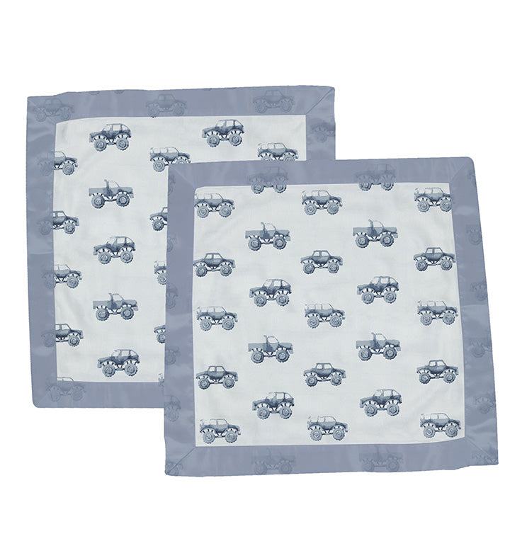 Indigo Monster Trucks Cotton Newcastle Blankie with printed truck design in a pair, 100% natural cotton muslin.