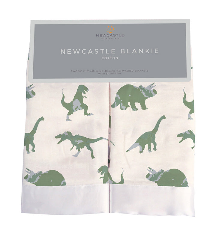 Small square cotton muslin security blanket in granite green with a dinosaur print