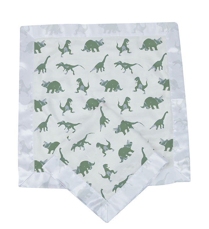 Granite Green Dinosaurs pattern on cotton muslin security blanket, Newcastle Blankie.