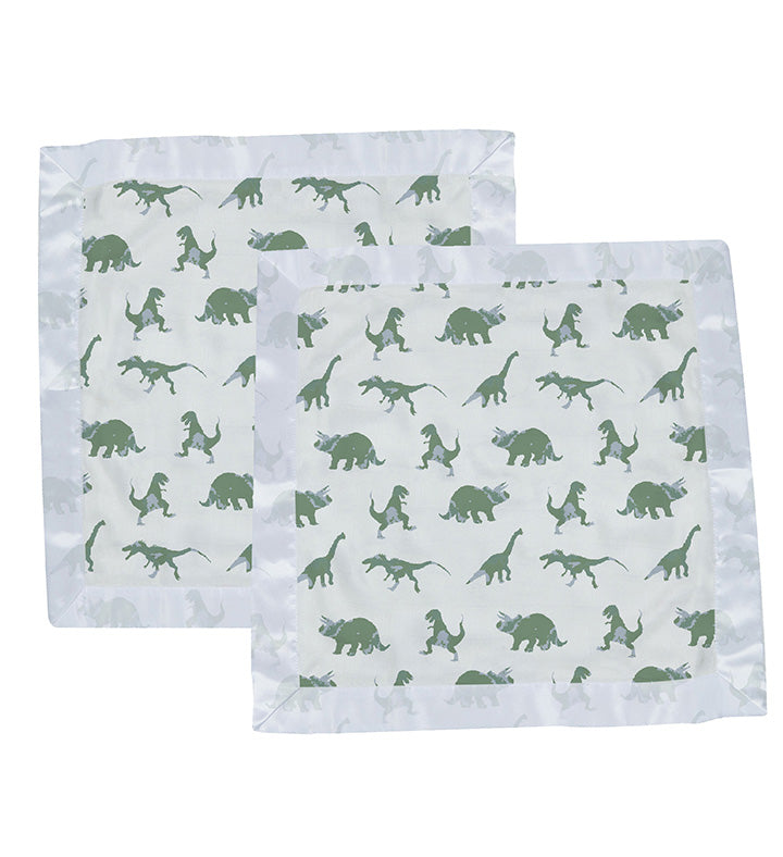 Granite green dinosaurs pattern on cotton muslin Newcastle blankie set.