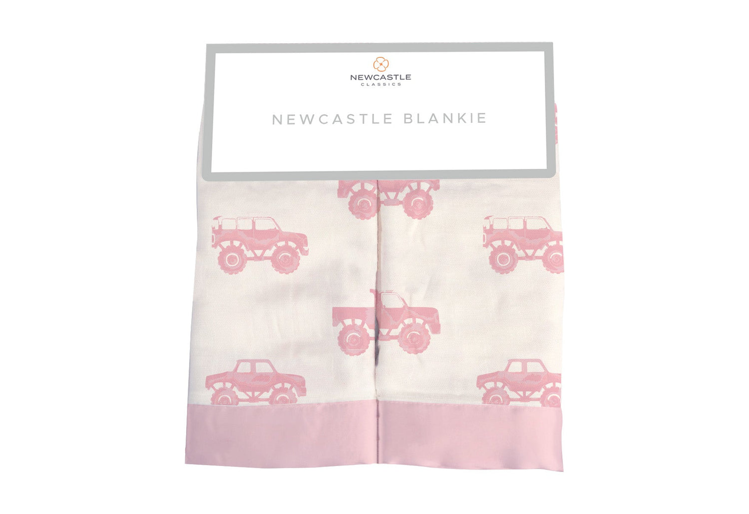 Small square bamboo muslin security blankie with a pink monster trucks print