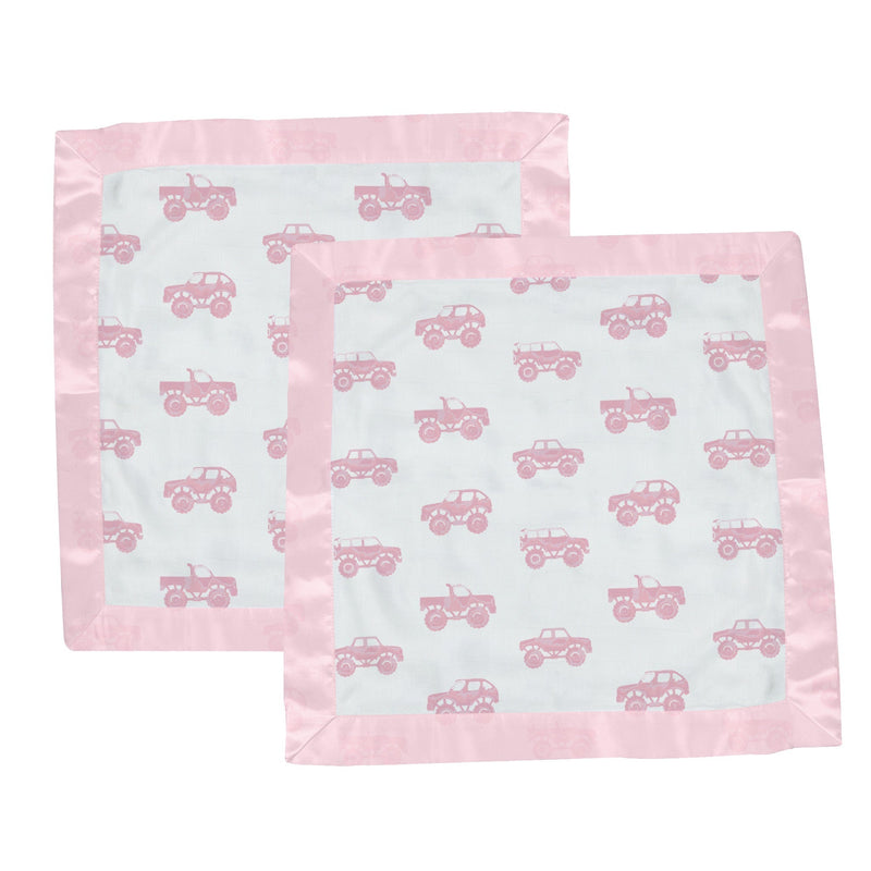 Pink Monster Trucks Bamboo Newcastle Blankie with pink trim, 100% natural bamboo muslin, size 16" x 16".