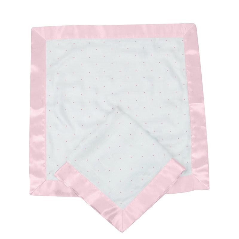 Pink polka dot bamboo security blankie with satin edging.