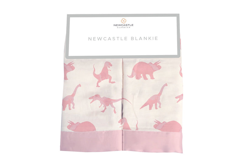 Pink Dinosaurs Bamboo Newcastle Blankie with dinosaur print, 100% natural bamboo muslin, size 16"x16".