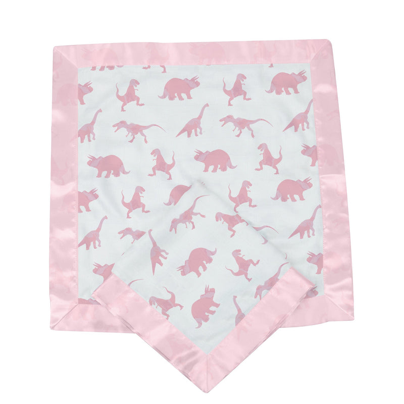 Pink dinosaurs bamboo security blankie with satin trim, size 16x16 inches.