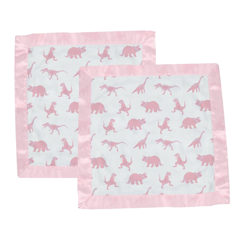 Pink Dinosaurs Bamboo Newcastle Blankie, security blanket, 100% natural bamboo muslin, 16" x 16", featuring pink dinosaur pattern.