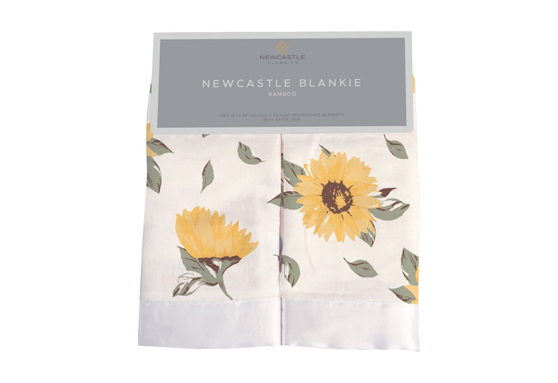 Sunflower Farm Newcastle Blankie with sunflower design, made from 100% natural bamboo muslin, size 16" x 16".